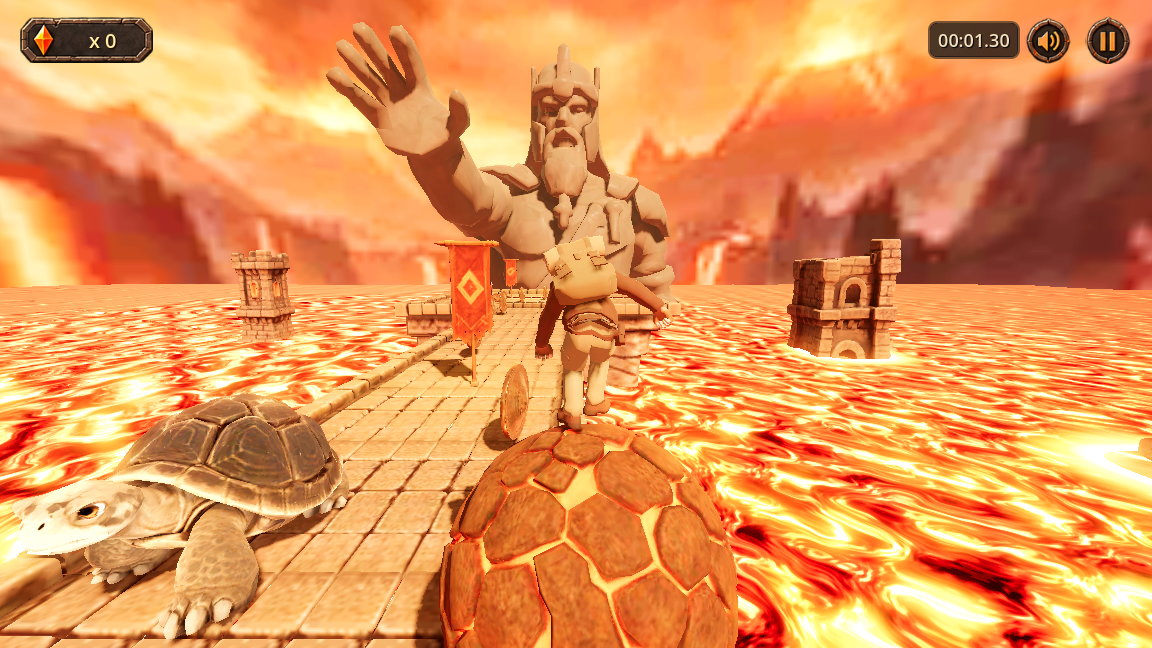 Giant patrolling obstacle turtle on the ancient stone bridge in Lava World Adventure