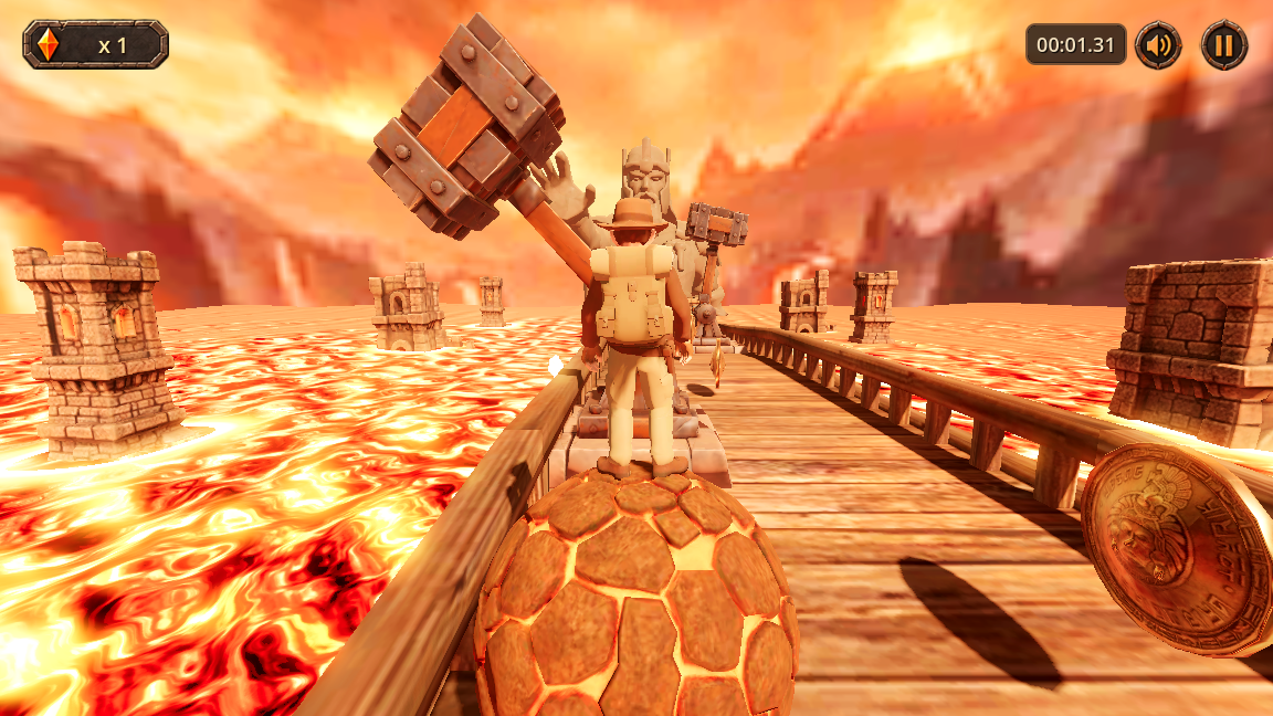 Giant war hammer pounding down on a wooden bridge in Lava World Adventure
