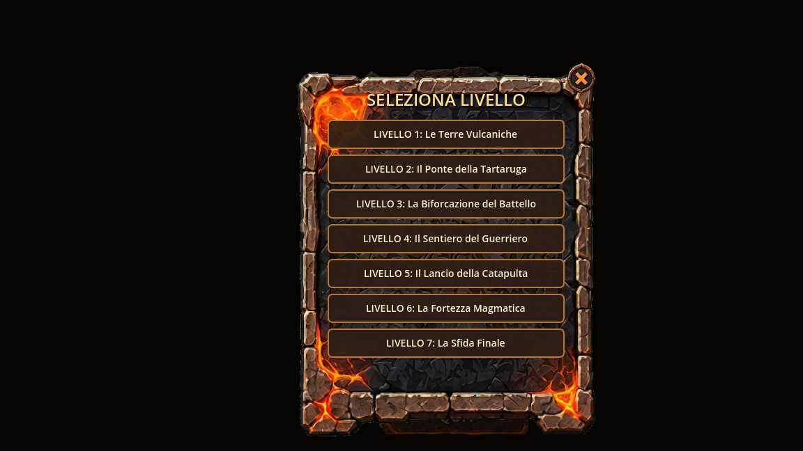 Stone scrollable level selector modal showing 13 volcanic levels in Lava World Adventure