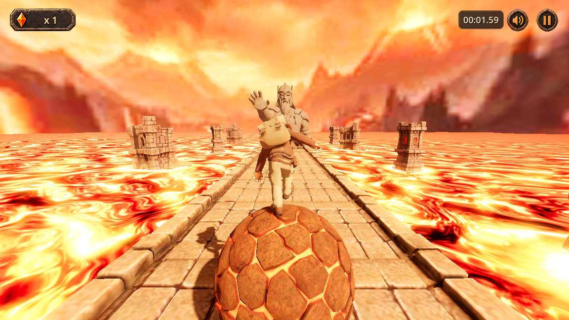 Dynamic rolling run across a suspended bridge in Lava World Adventure